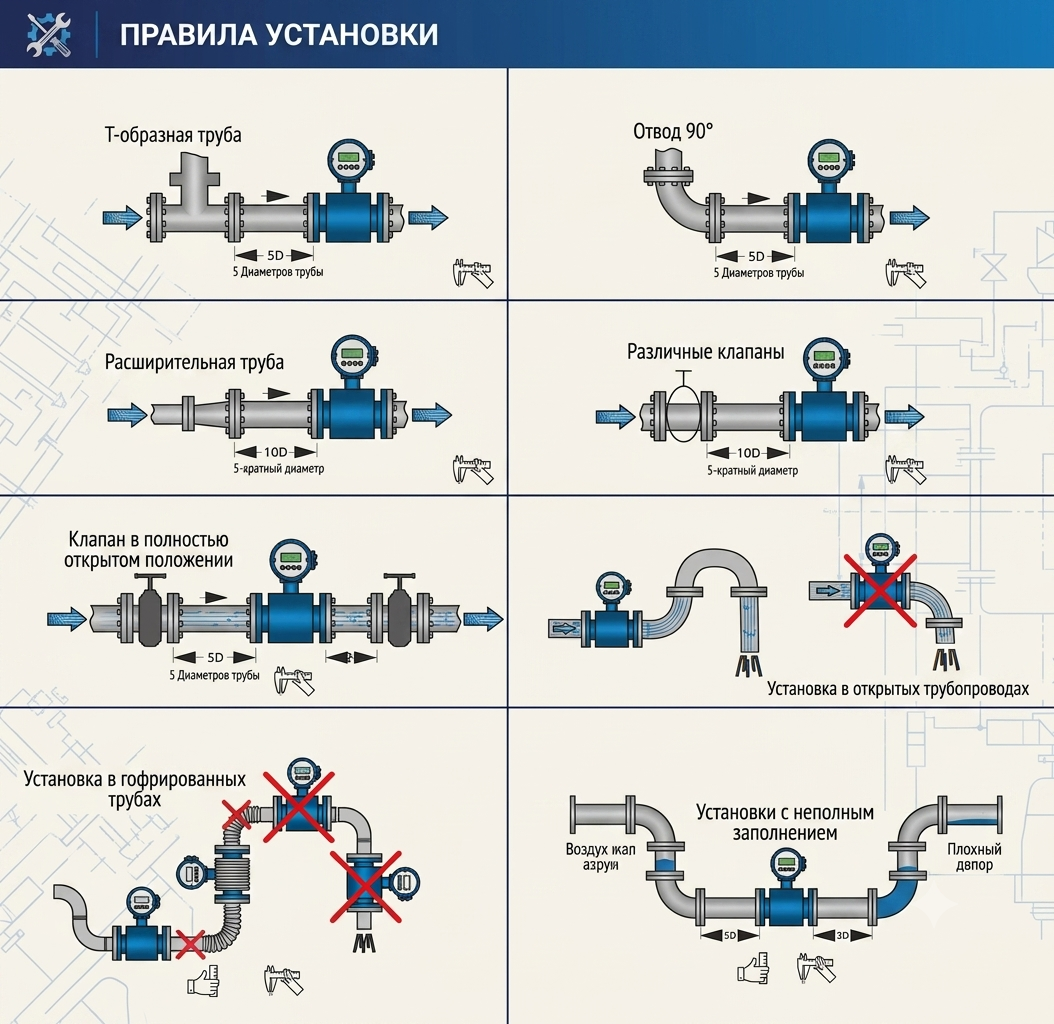Рекомендации по монтажу электромагнитного расходомера